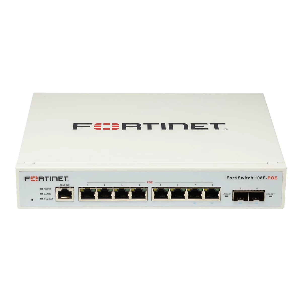 Ein weißer Fortinet-Switch, Vorderansicht. Oben steht das Logo, darunter Anschlüsse mit POE-Kennzeichnung, Text 'FortiSwitch 108F-POE'.
