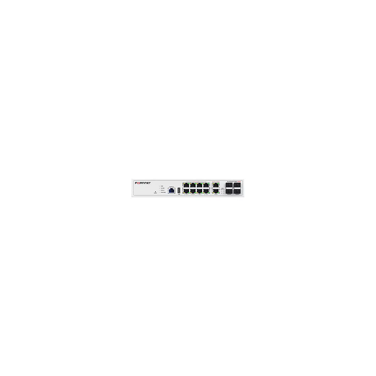 Commutateur Fortinet blanc avec ports, indicateurs et logo. Étiquettes : Console, USB, 10/100, etc.