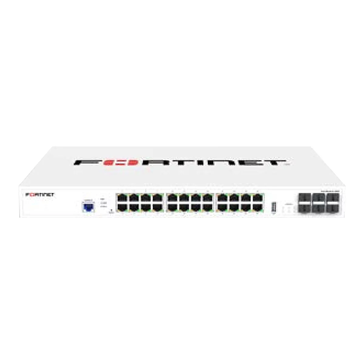 Ein weißes Netzwerkgerät von Fortinet. Es hat viele Netzwerkanschlüsse und das Logo des Herstellers.