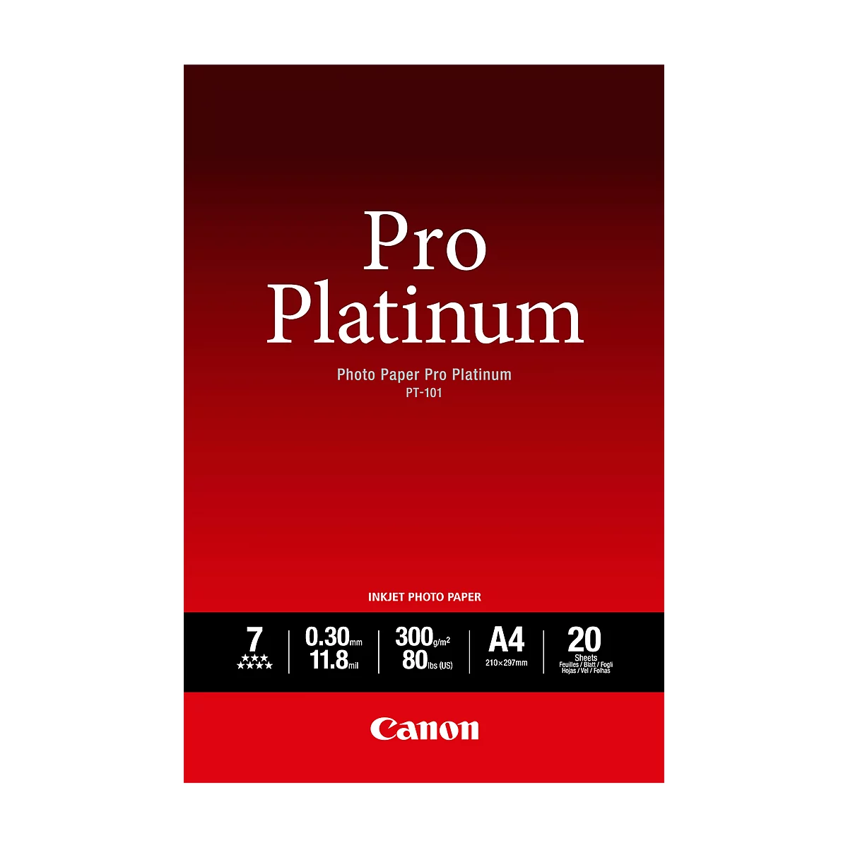Rote Verpackung für Canon Pro Platinum Fotopapier. Text: Pro Platinum, Inkjet Photo Paper, A4-Format, 20 Blatt.