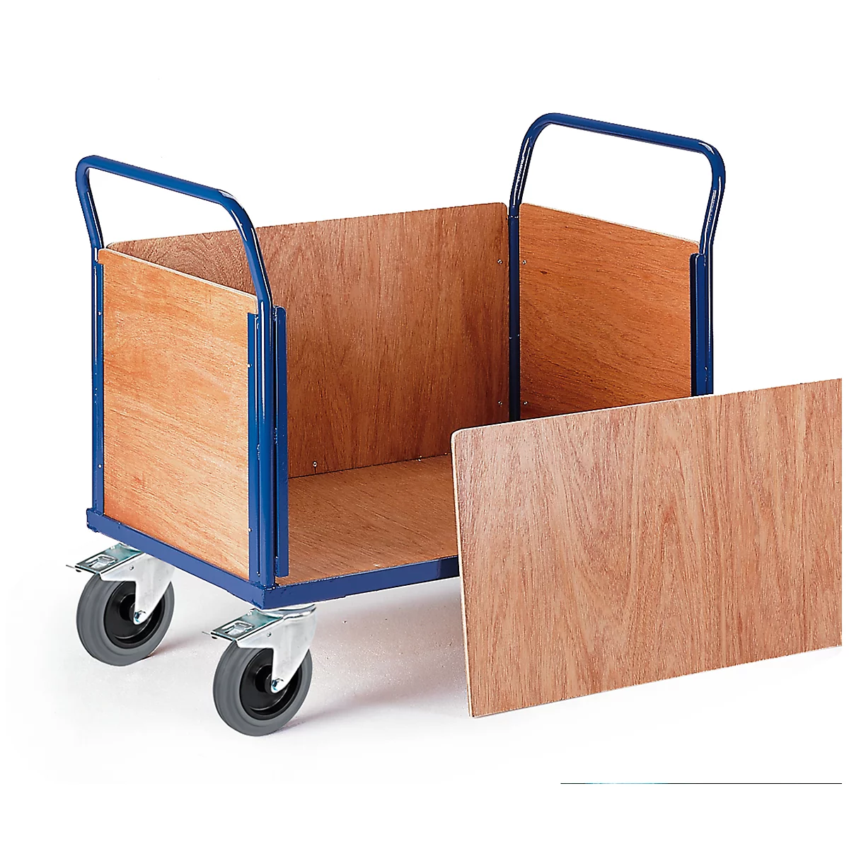 A transport trolley with wooden sides, blue handles and wheels.