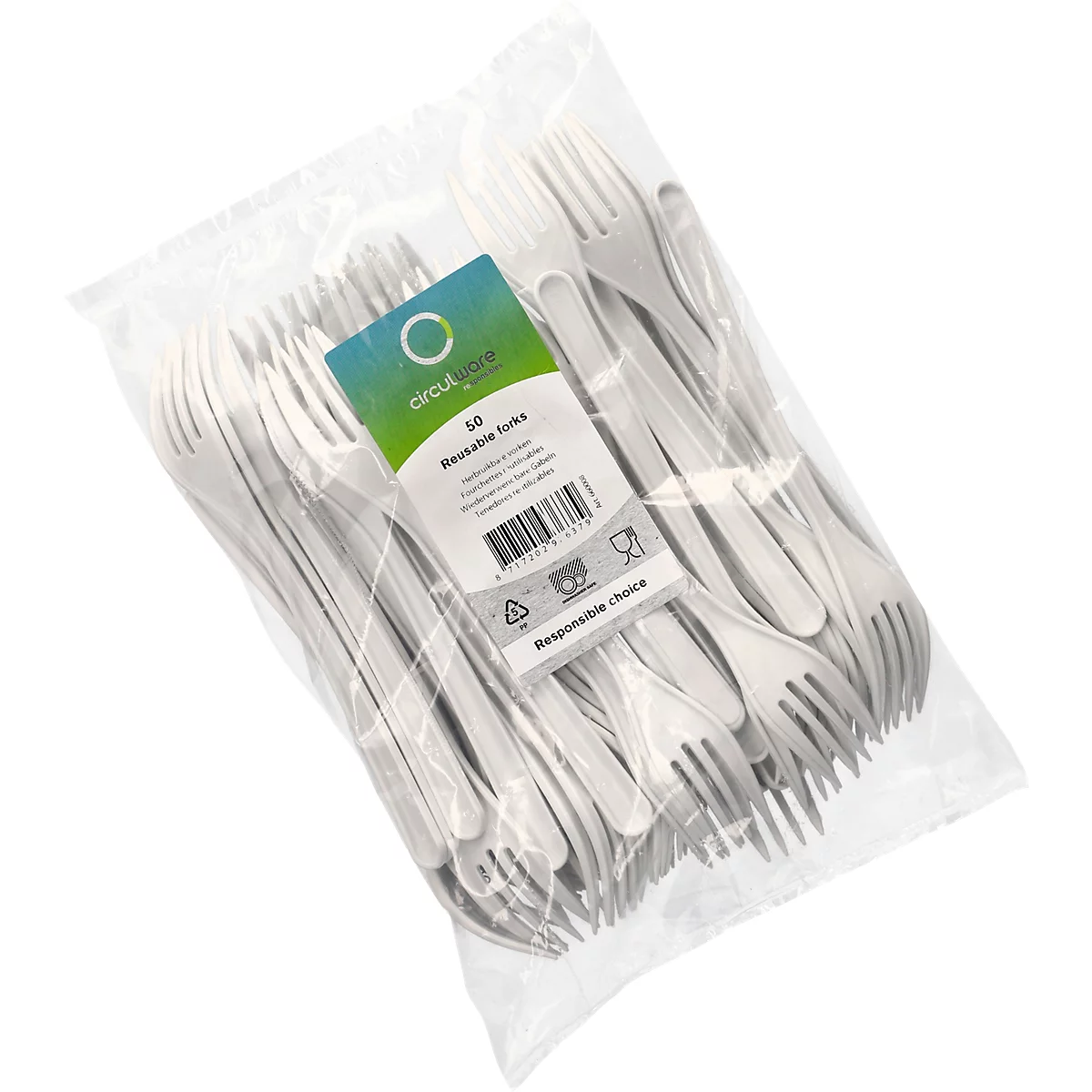 Fourchettes en plastique dans un sac en plastique. Inscription : 50 fourchettes réutilisables.