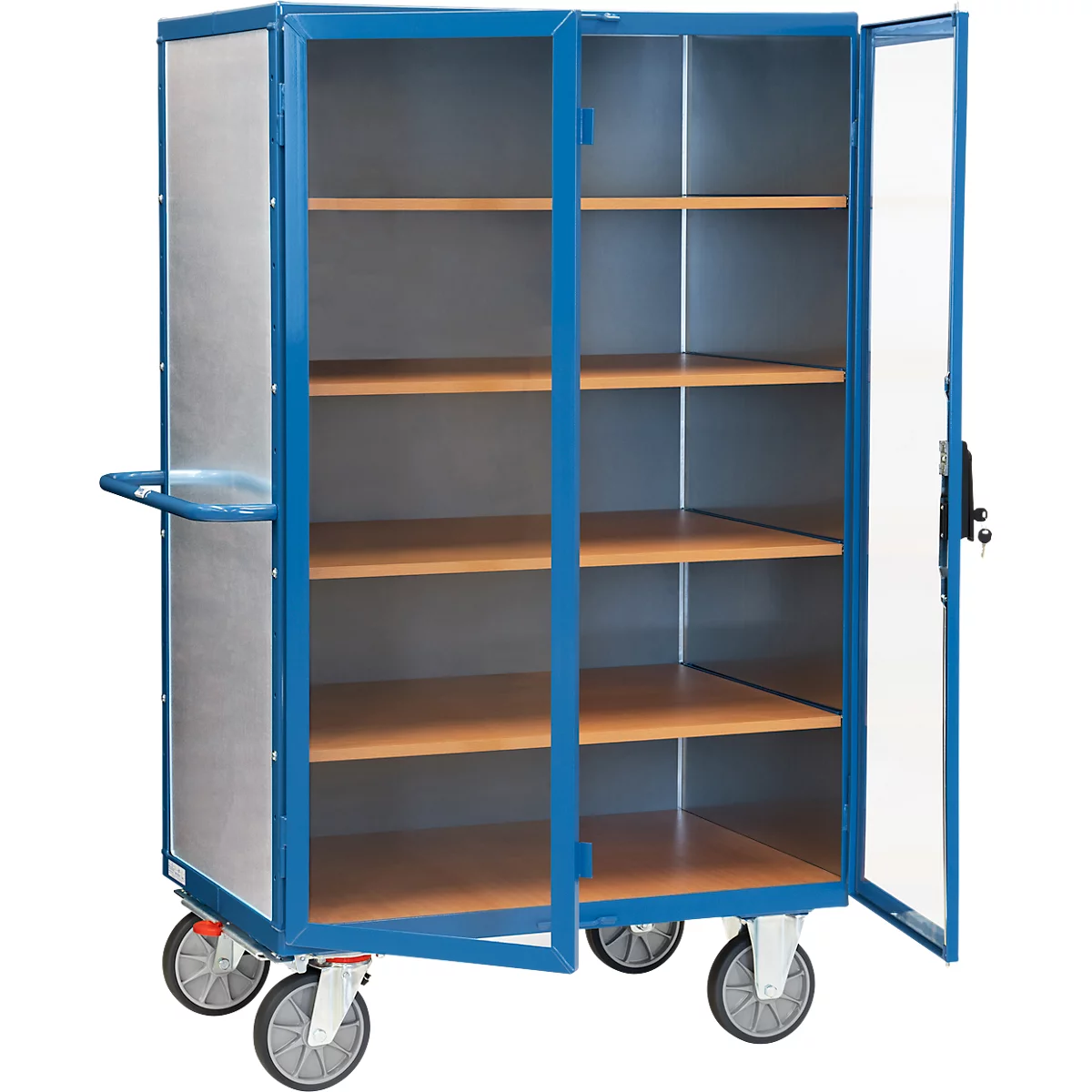 Fourgon Fetra 5792, jusqu'à 750 kg, portes battantes verrouillables avec fenêtre, 4 étagères, pneus TPE, L 1000 x l 680 x H 1475 mm, tôle d'acier