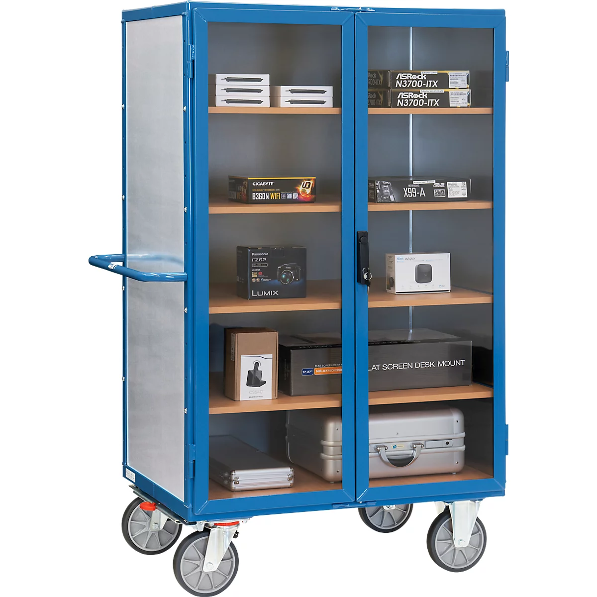 Fourgon Fetra 5792, jusqu'à 750 kg, portes battantes verrouillables avec fenêtre, 4 étagères, pneus TPE, L 1000 x l 680 x H 1475 mm, tôle d'acier