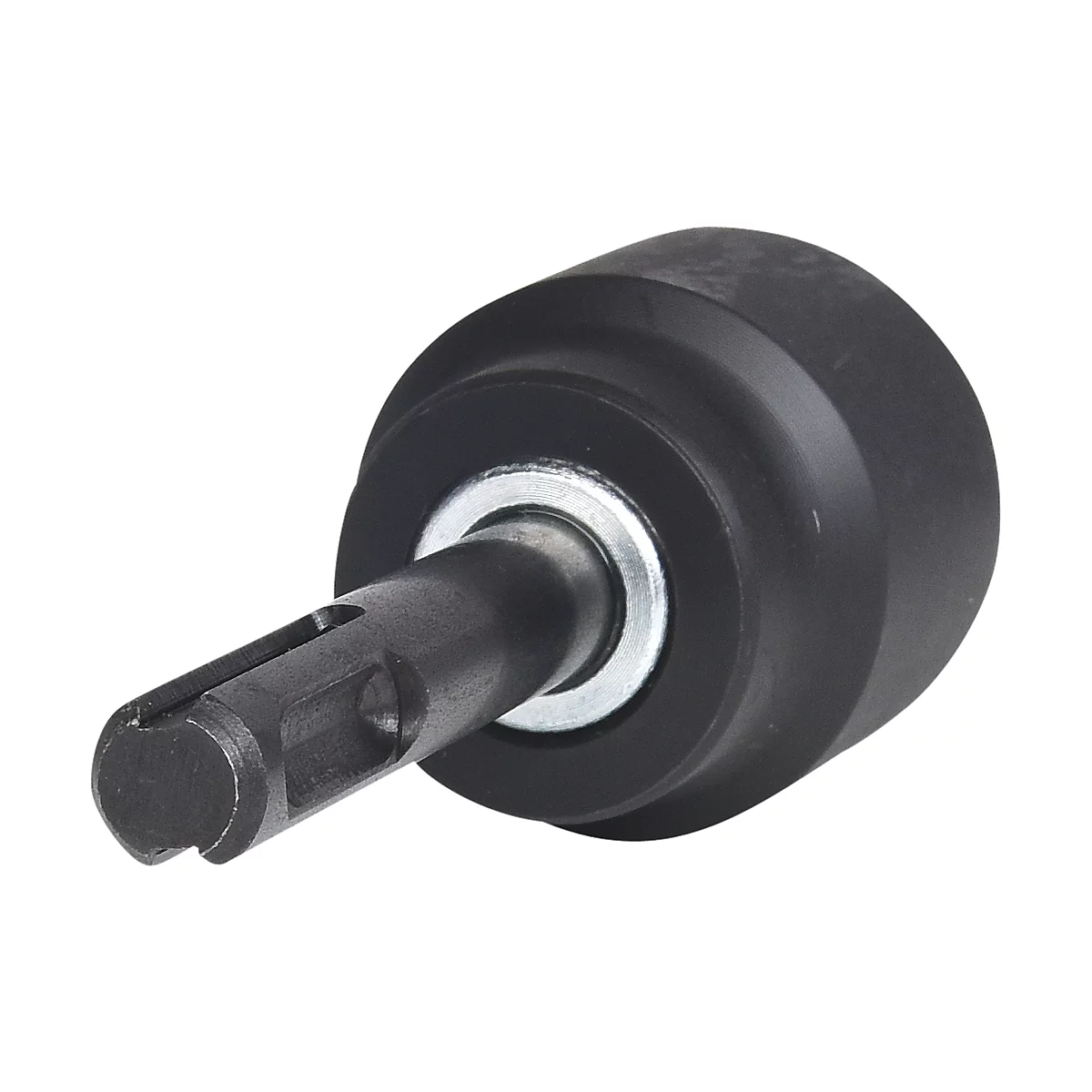 Fixation d'outil noire avec corps cylindrique et tige. Au milieu, un anneau argenté.