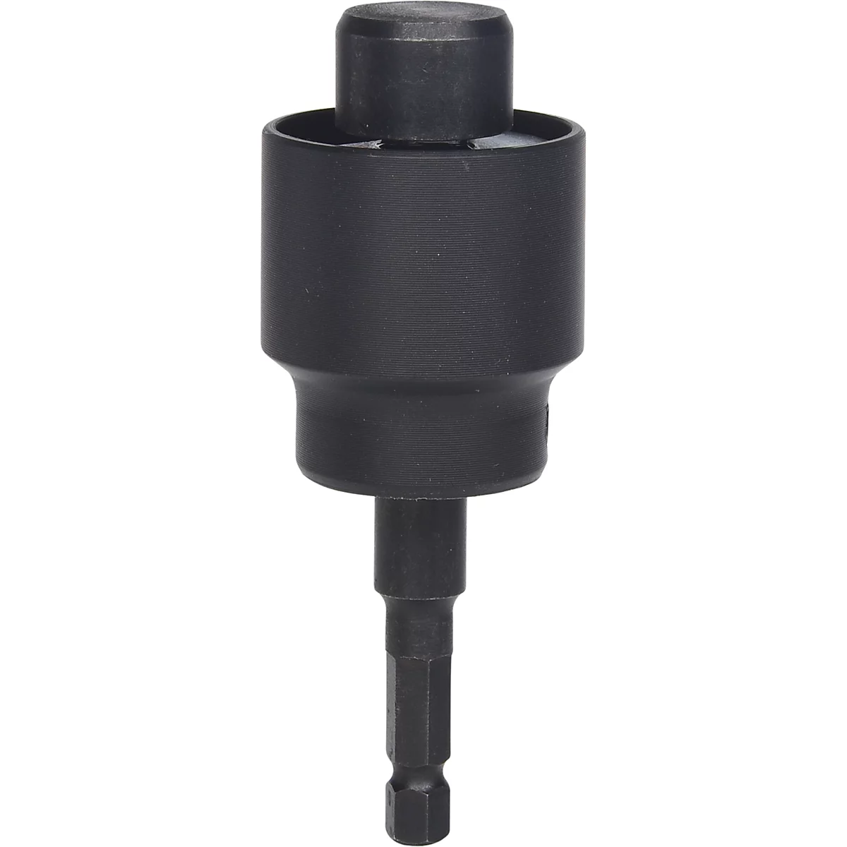 Douille noire avec tête cylindrique et tige hexagonale. Sur fond blanc.