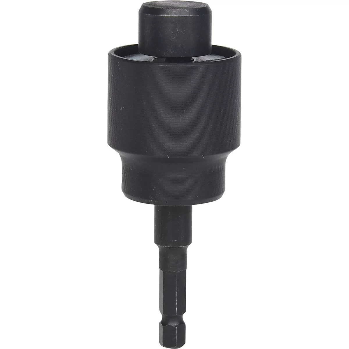 Accessoire d'outil noir pour vis. Dessus rond, puis cylindrique, puis hexagonal effilé. Un outil précis.
