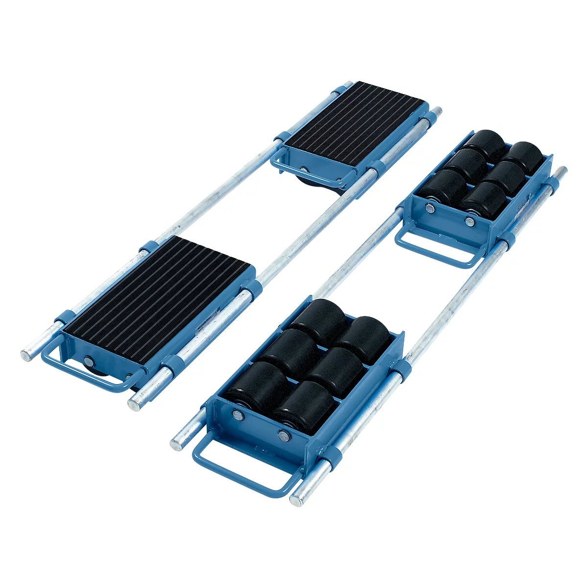 Two blue heavy-duty rollers with black rubber pads and rollers against a light background.