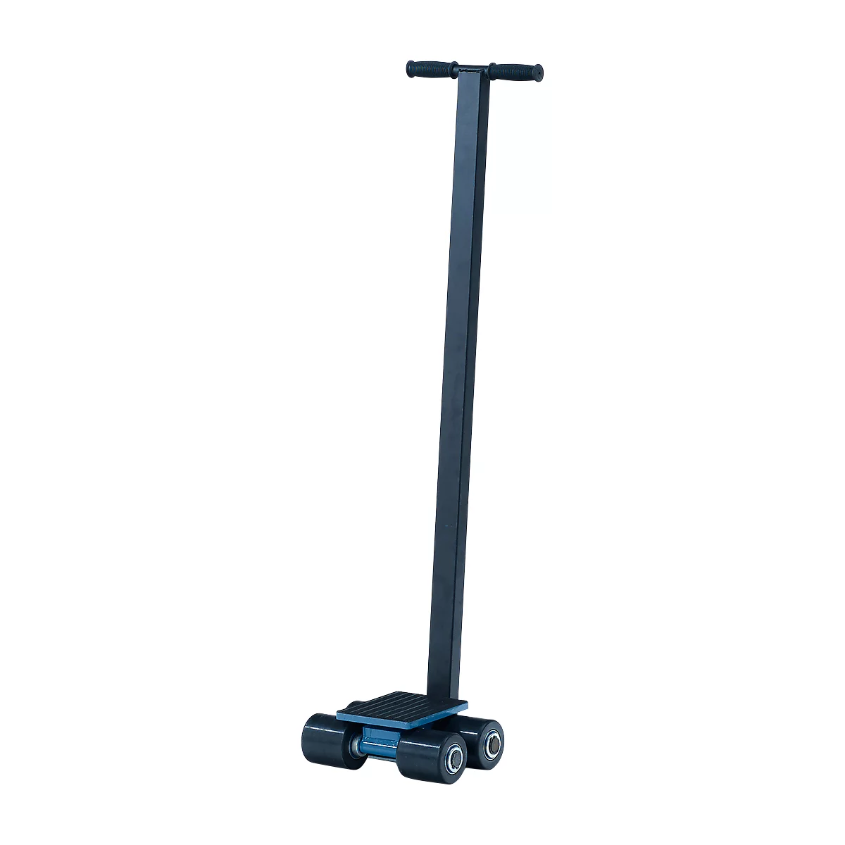 Black dolly with handle and rollers, for transporting objects.