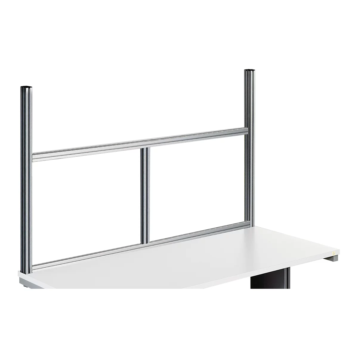 Grey partition on white desk, consisting of bars and horizontal struts.