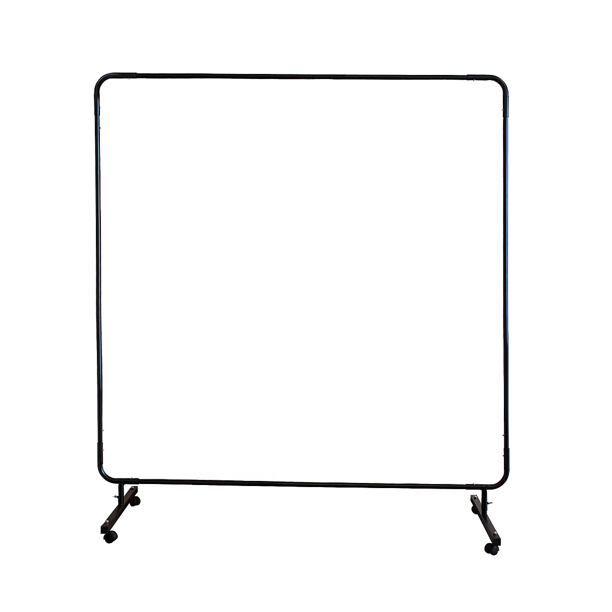 Zwart metalen frame met witte achtergrond, op wielen.