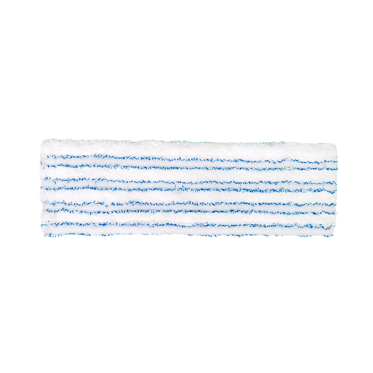 Tête de balai rectangulaire blanche avec des rayures horizontales bleues sur fond blanc.