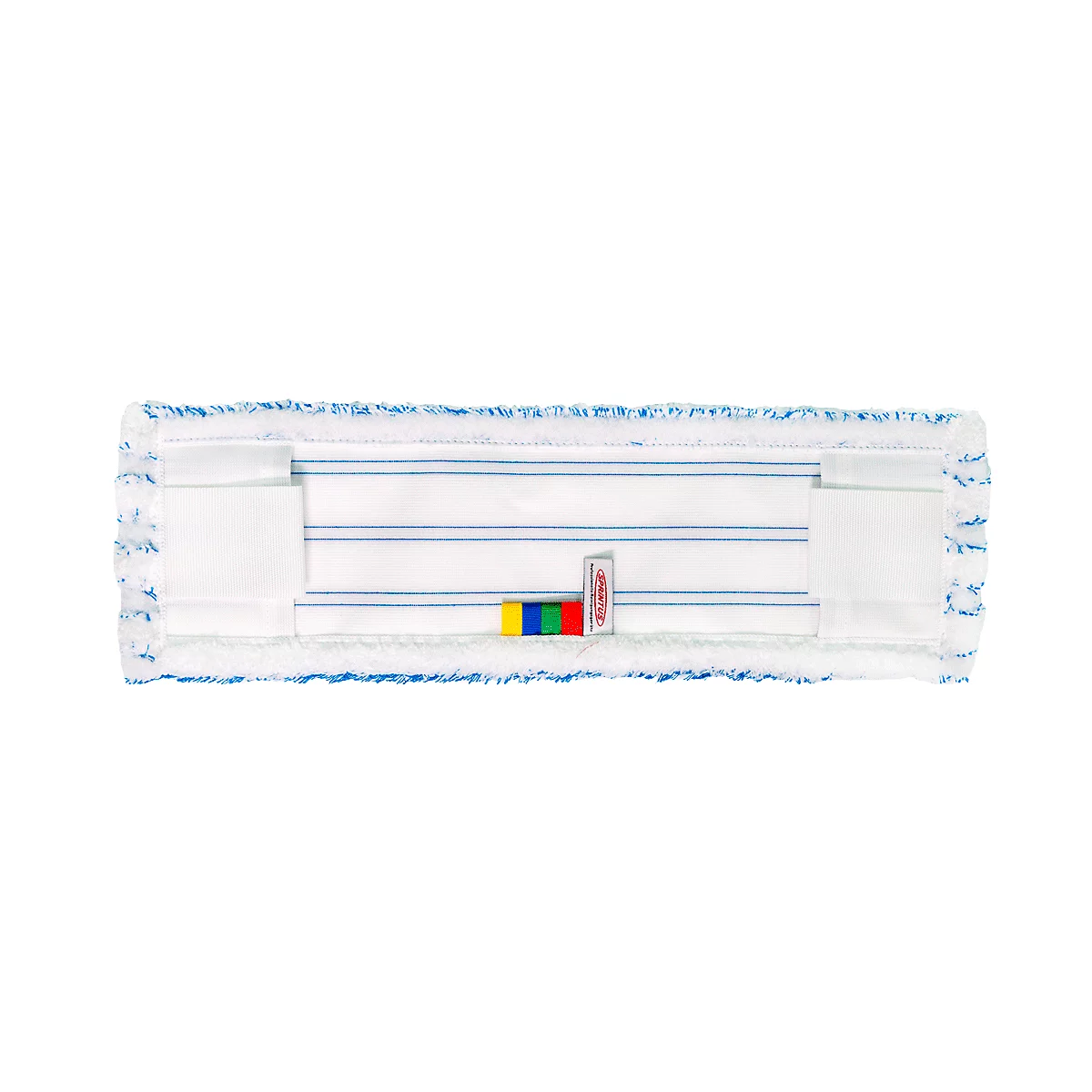 Tête de balai rectangulaire en microfibre blanche avec des rayures bleues et des languettes de couleur.