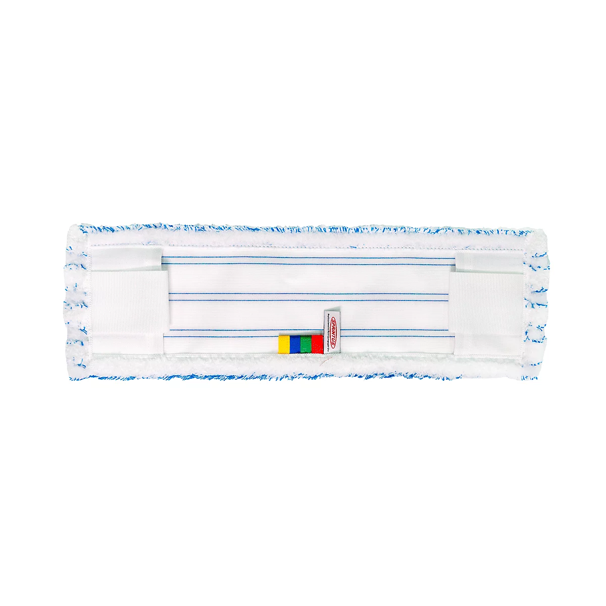 Housse de serpillière rectangulaire blanche avec des bandes bleues et des languettes colorées sur fond blanc.