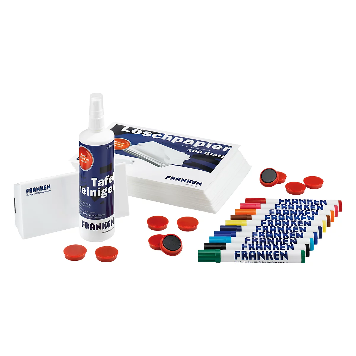 Arrangement of board supplies: cleaner, paper, markers and magnets, all branded Franken.