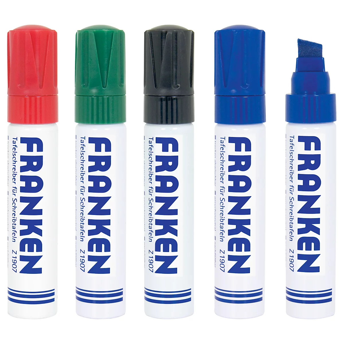 Five colored whiteboard markers (red, green, black, blue) side by side. Text: FRANKEN, whiteboard marker.