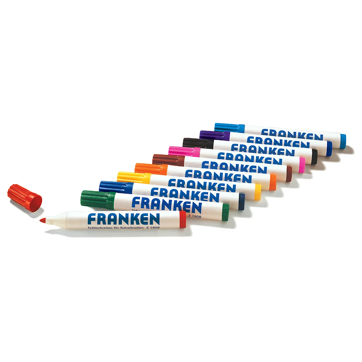 Various colored markers in a row, the lid of a red marker lies next to it.