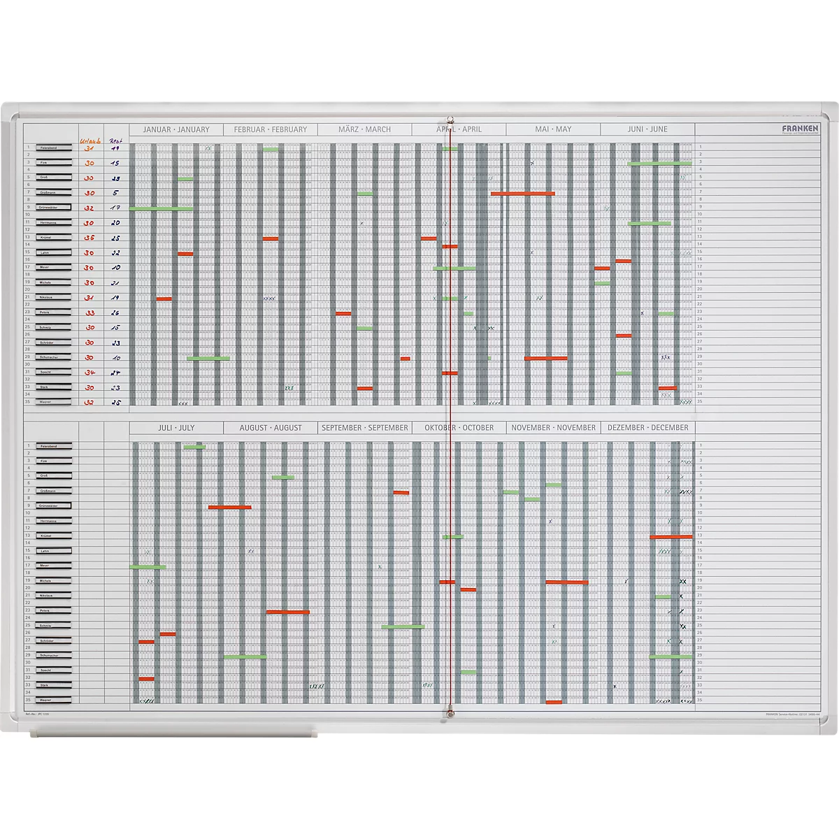 Franken Calendrier annuel JetPlaner SJPC1235, magnétique, plateau de rangement, grand format, L 1200 x H 900 mm, acier &amp; aluminium, blanc, accessoires inclus