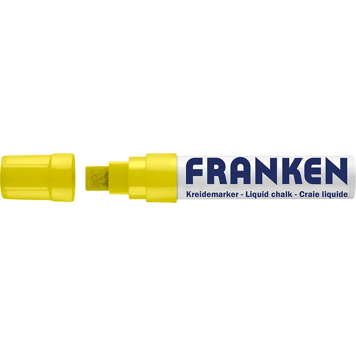 Yellow Franken chalk marker with cap aside. Text: Franken. Below: Kreidemarker, Liquid chalk, Craie liquide.