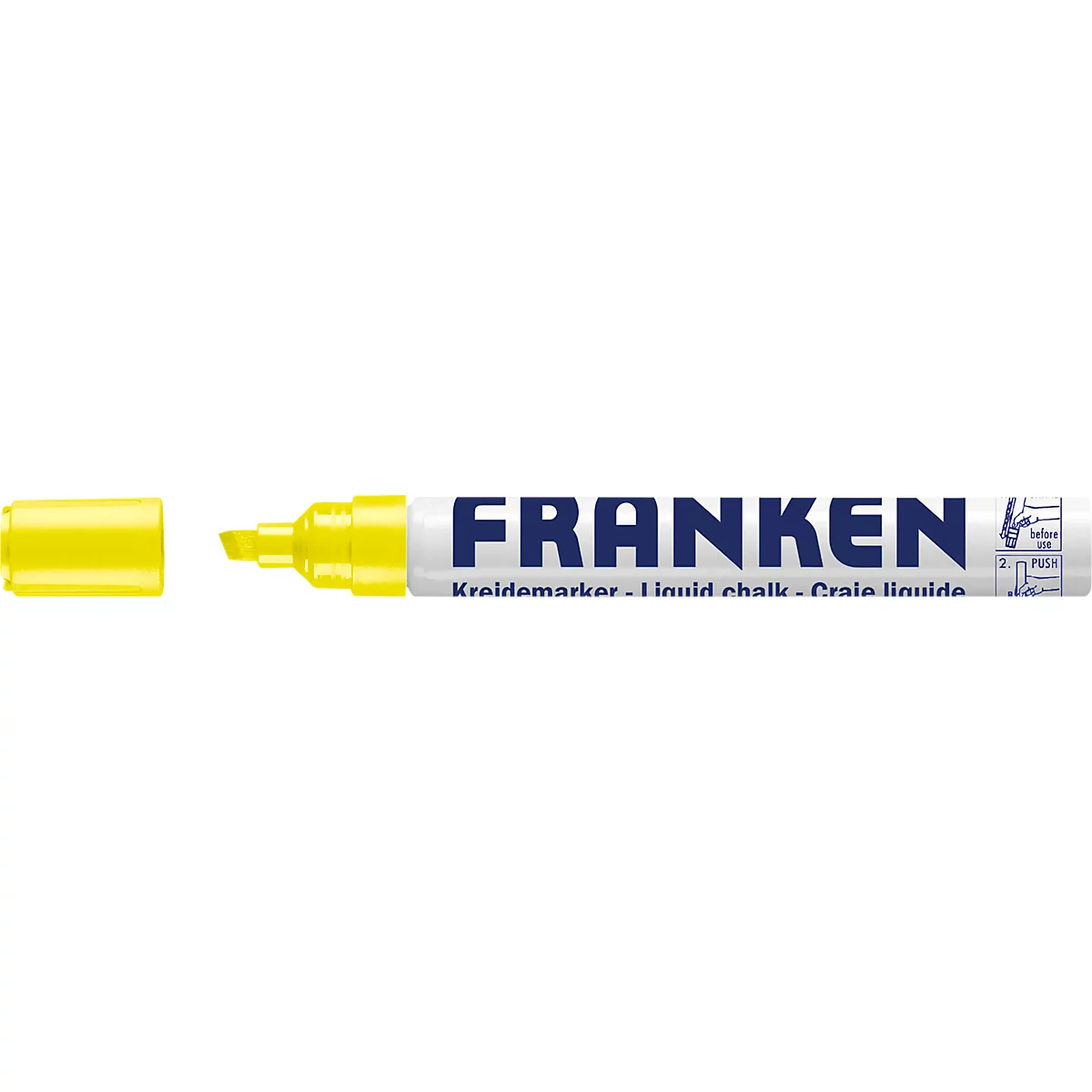 Close-up of a yellow chalk marker with the cap removed. The shaft has "FRANKEN" in blue lettering.