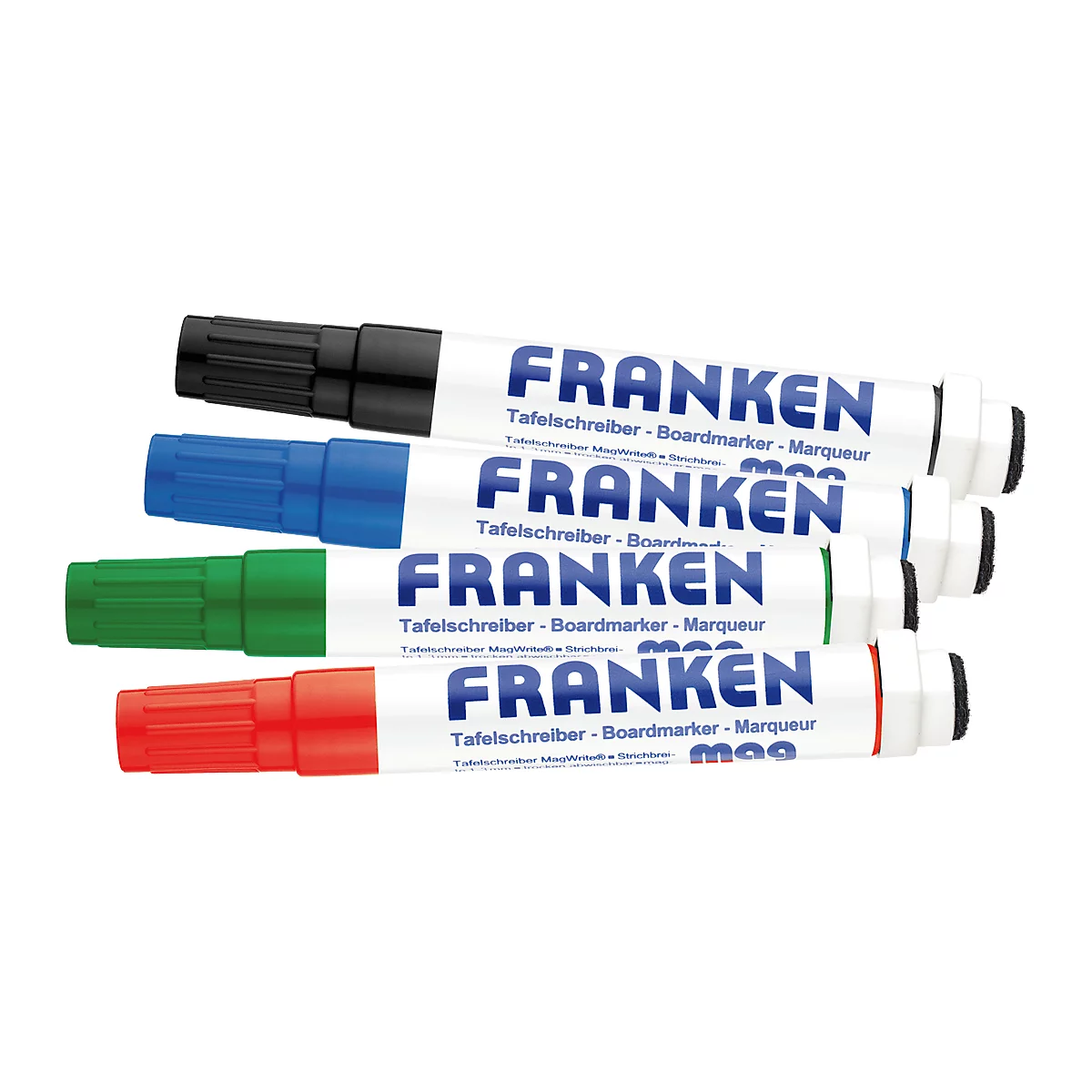 Four Franken whiteboard markers in black, blue, green and red. The word "FRANKEN" is prominently displayed on each pen.