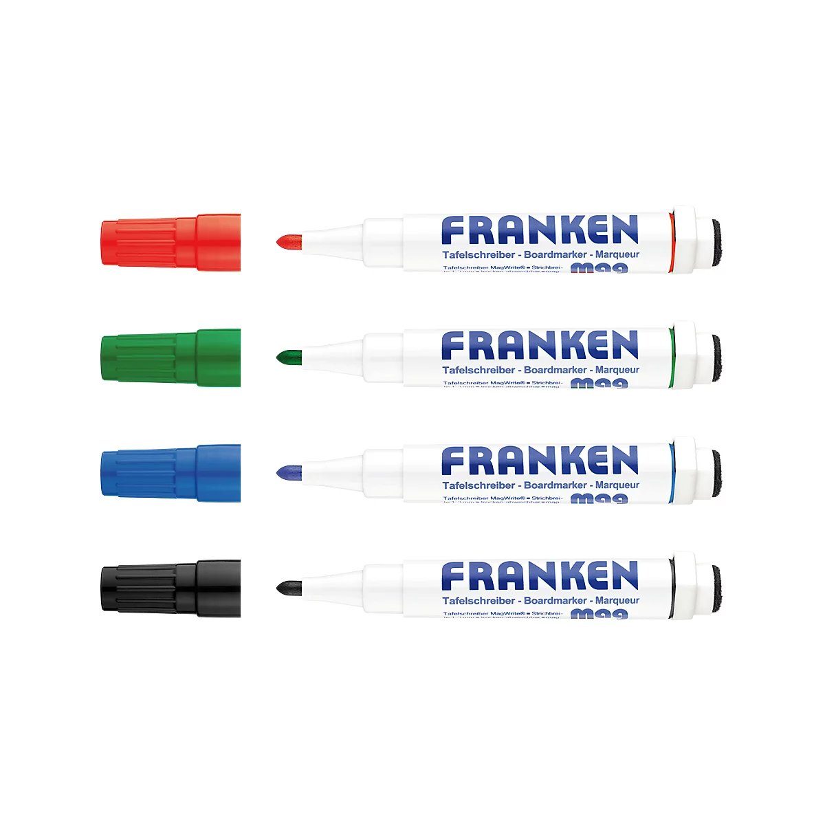 A row of four Franken whiteboard markers in red, green, blue, and black. Each color has a matching cap.