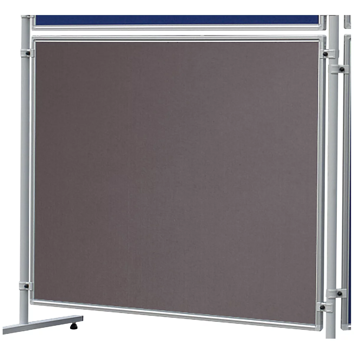 Gray partition with metal frame. Blue elements at the top and side.