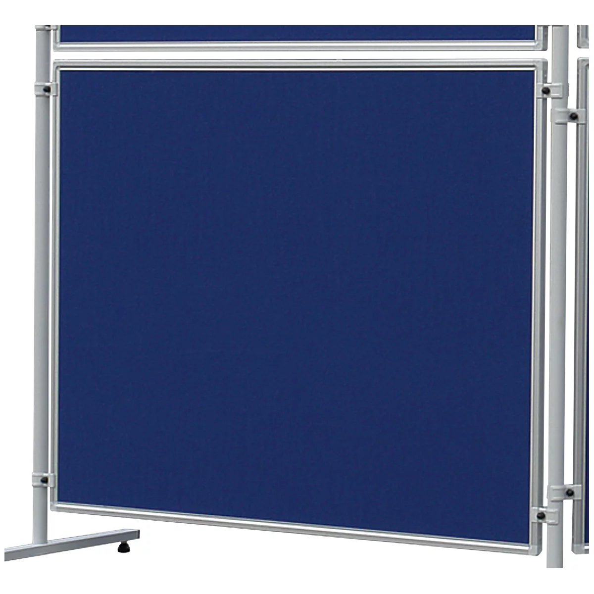 Large blue wall, framed by silver metal frame. Two feet at the bottom for stability.
