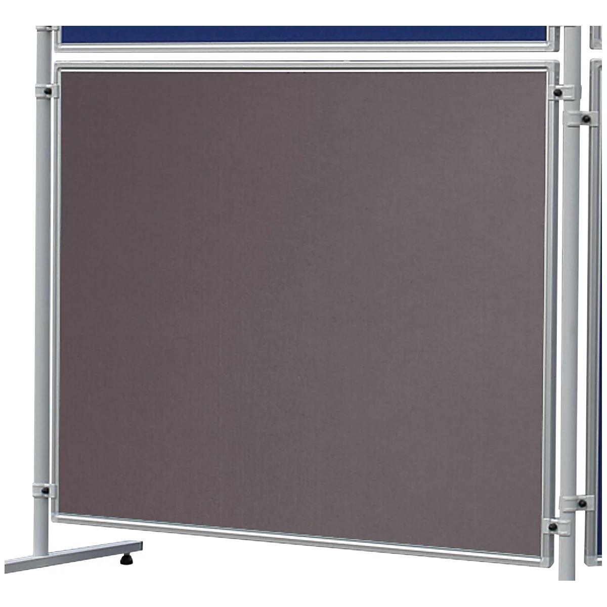 Grey fabric pinboard on wheels. Silver frame, blue top. A wall that serves as protection.