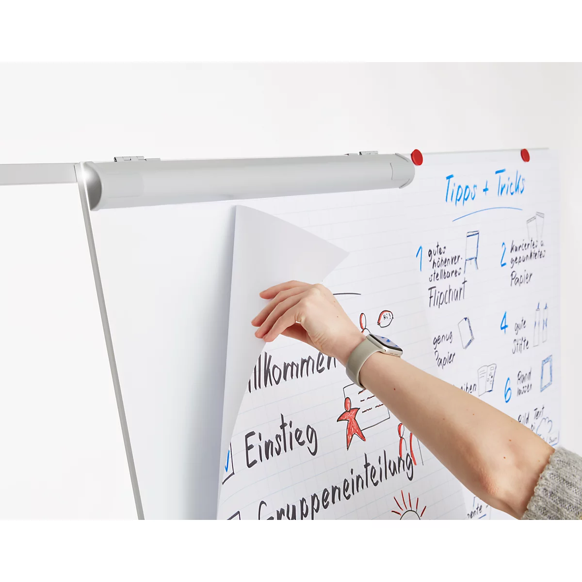 Franken Flipchart ECO Mobil F2400/N, 5 roulettes, réglable en hauteur, magnétique, 2 bras latéraux, bac de rangement, plastique &amp; métal, tableau 680 x 1050 mm
