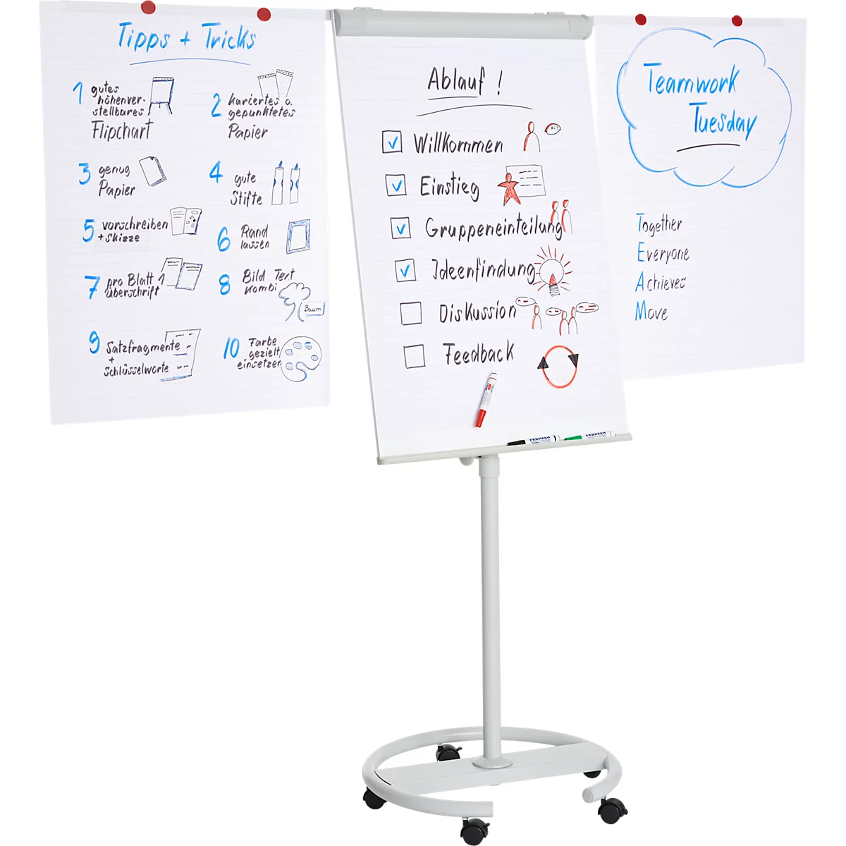 Franken Flipchart ECO Mobil F2400/N, 5 wielen, in hoogte verstelbaar, magnetisch, 2 zijarmen, lade, plastic &amp; metaal, bord 680 x 1050 mm