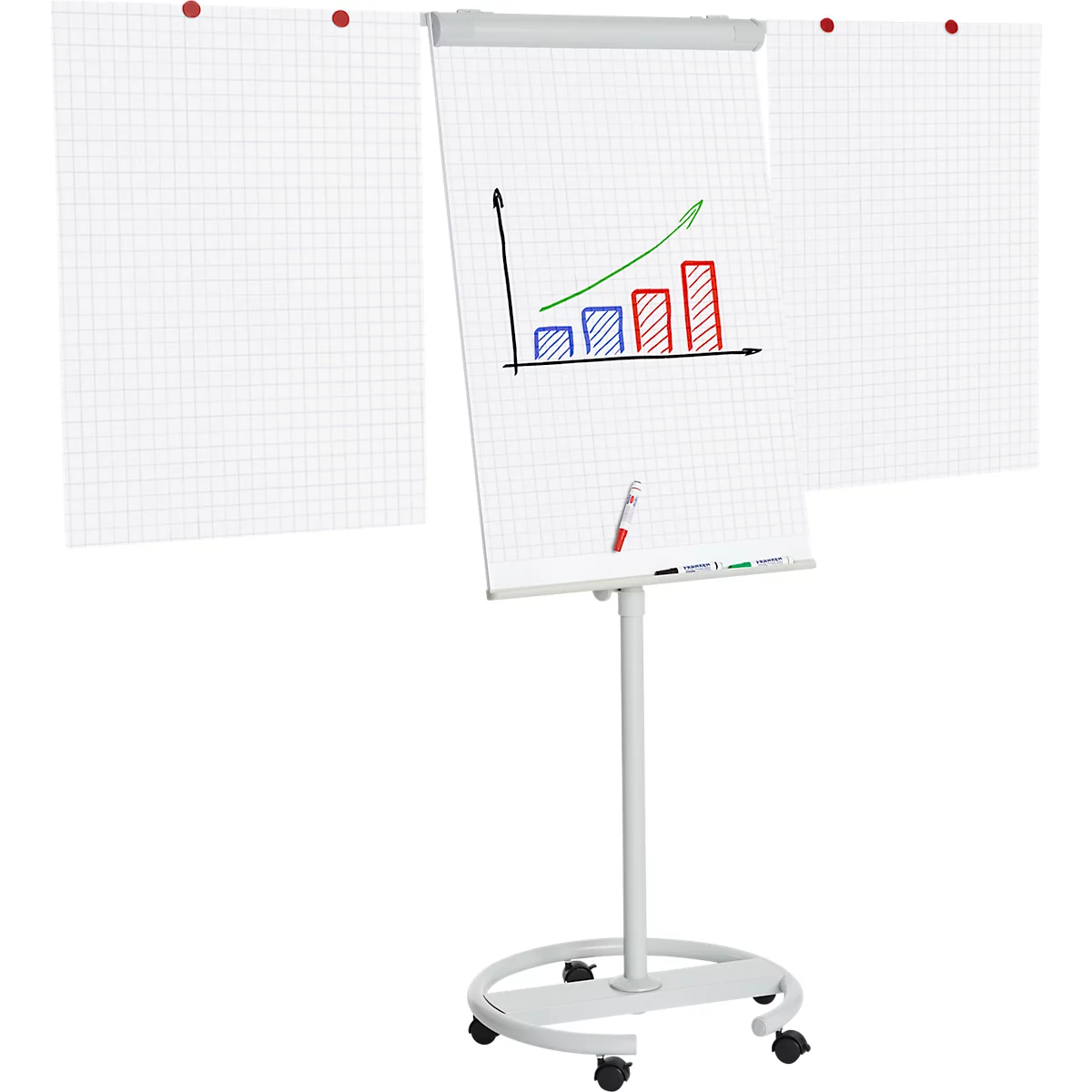 Whiteboard mit Diagramm, Stift und Papier. Links und rechts zusätzliche Papierflächen. Standfuß mit Rollen.