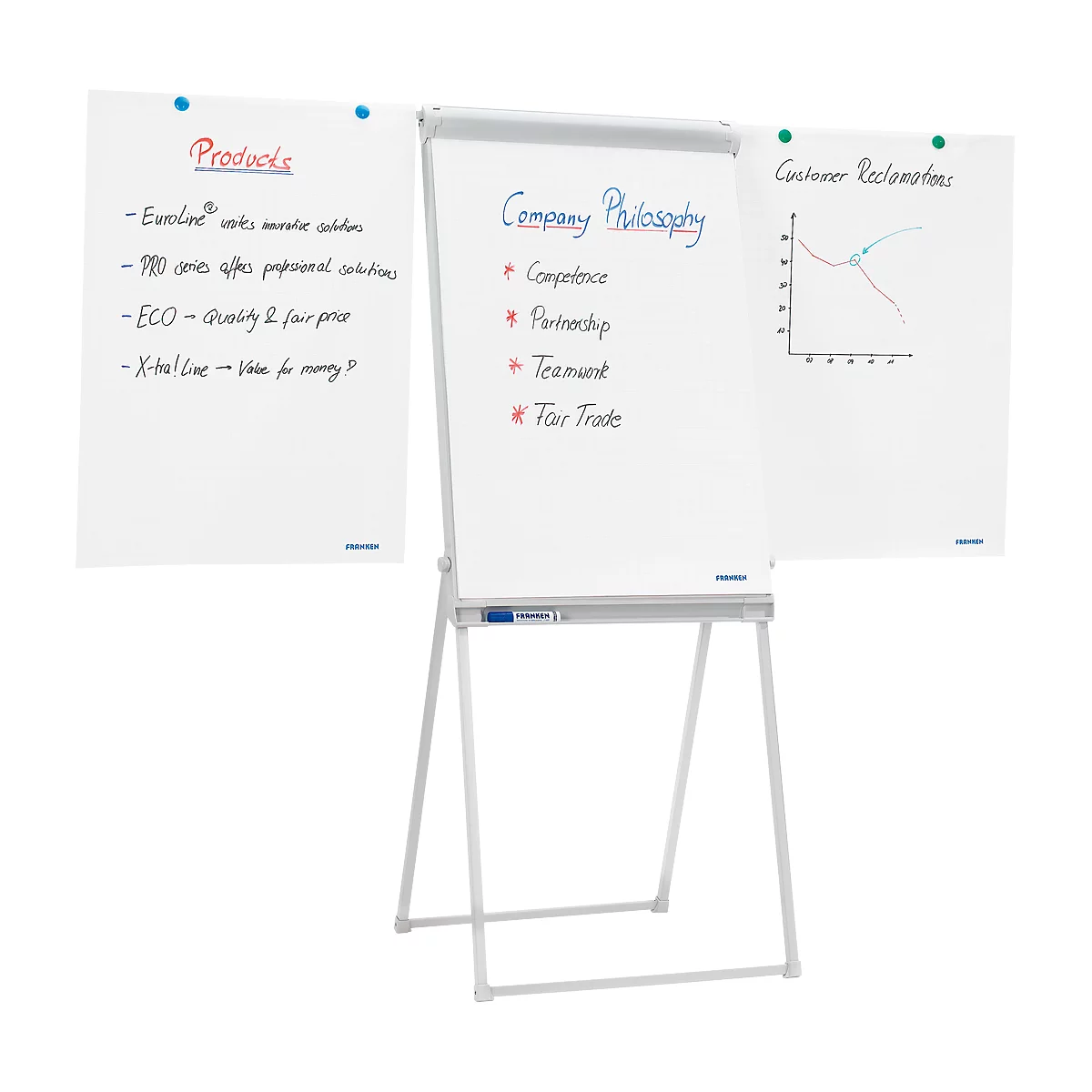 Franken Flipchart PRO Deluxe Standaard FC84, vierpootstandaard, in hoogte verstelbaar, magnetisch, 2 zijarmen, dienblad, bord 670 x 950 mm