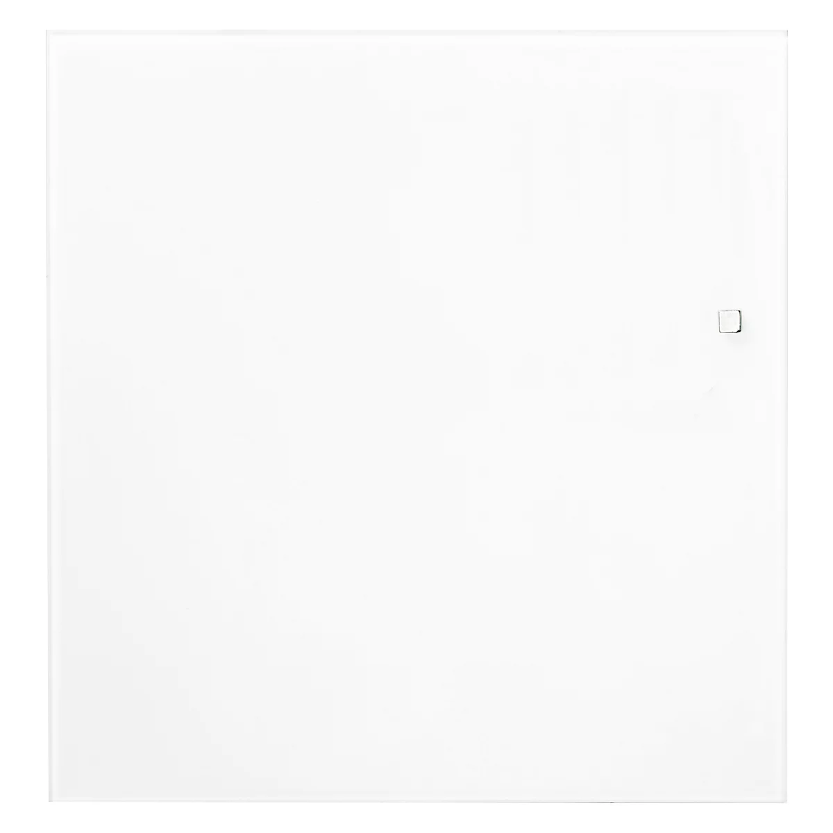 White square object with a small, square element on the right side.