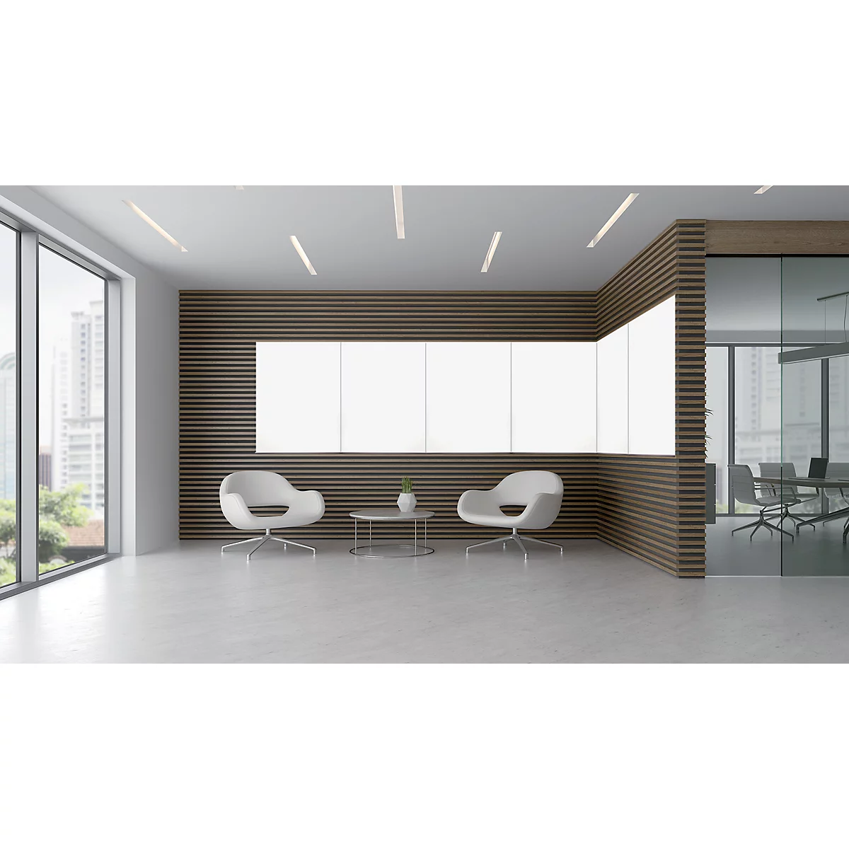 Modern waiting area with white armchairs, a table and windows with a city view.