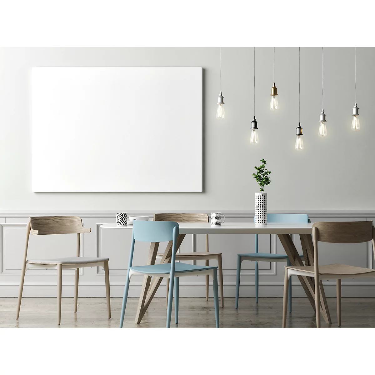 Dining room with white board, table, chairs, pendant lights, flower vase, neutral background.