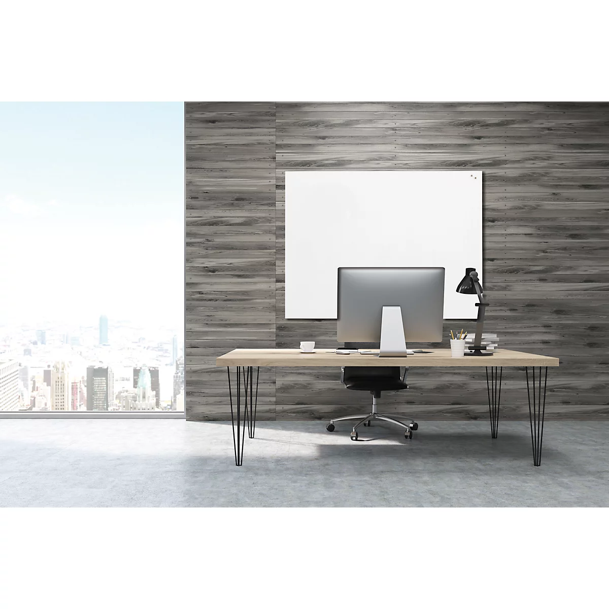 A modern desk with computer and office chair in front of a wood-look wall and a panoramic window with city view.