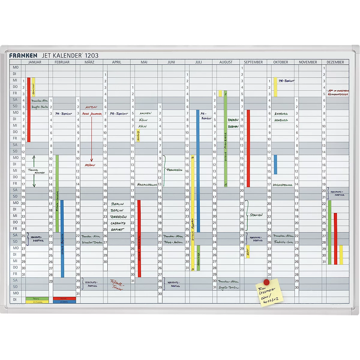 Franken JetKalender JK1203 calendario anual, magnético, bandeja de almacenamiento, gran formato, ancho 1200 x alto 900 mm, acero y aluminio, blanco