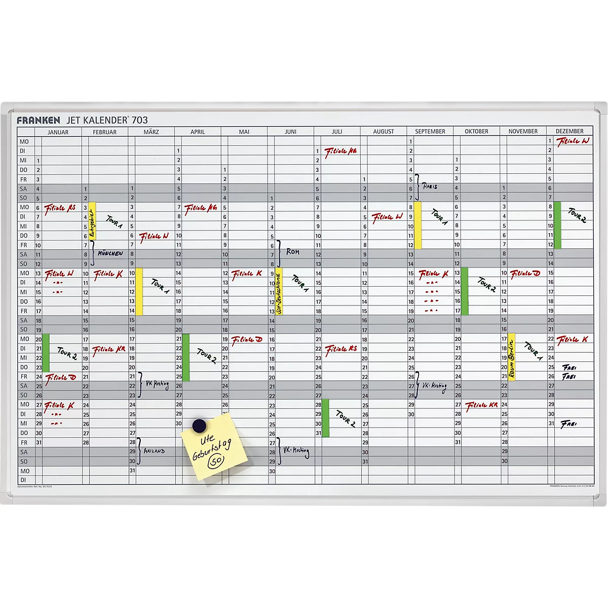 Franken JetKalender JK703 calendario anual, magnético, bandeja de almacenamiento, A 900 x A 600 mm, acero y aluminio, blanco