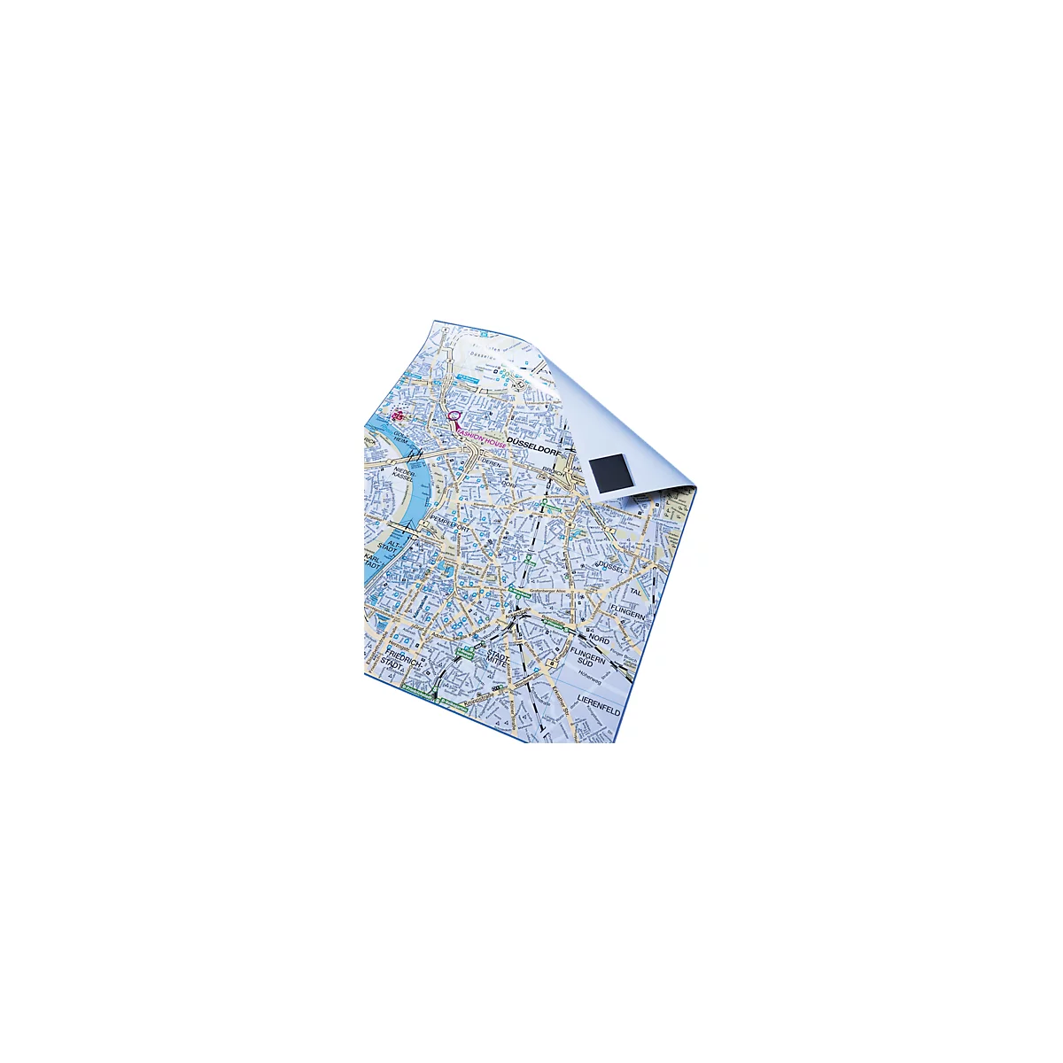 Düsseldorf city map, partially folded up, showing streets, buildings and sights. A magnet holds it in place.