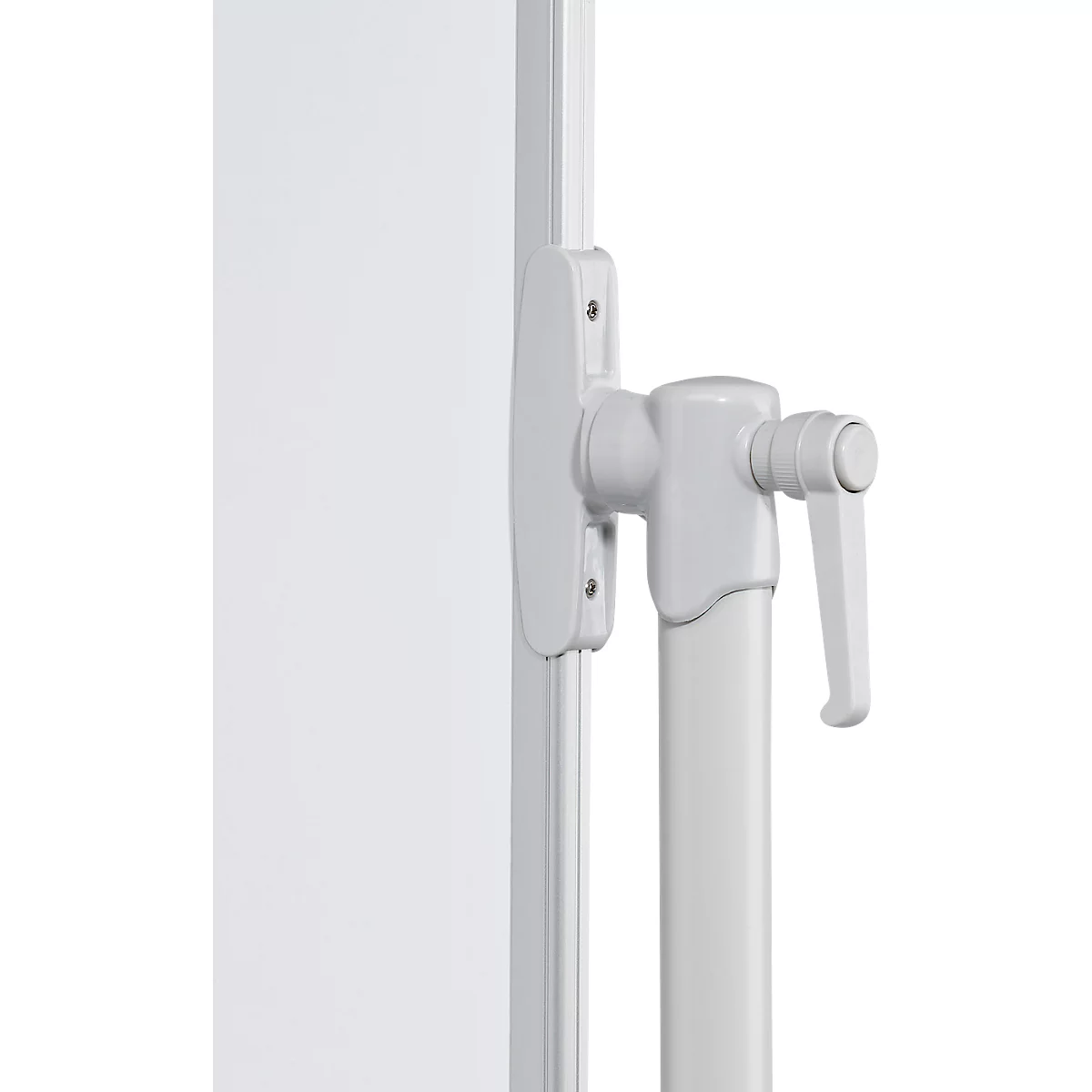 Close-up of a white crank mechanism attached to a white pole.