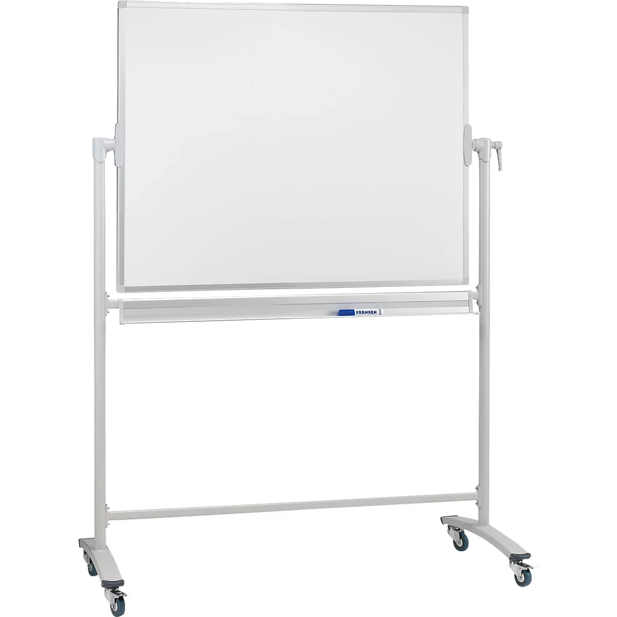 White rolling whiteboard with pen holder. Four castors, metal frame and fittings. A blue pen is in the holder.