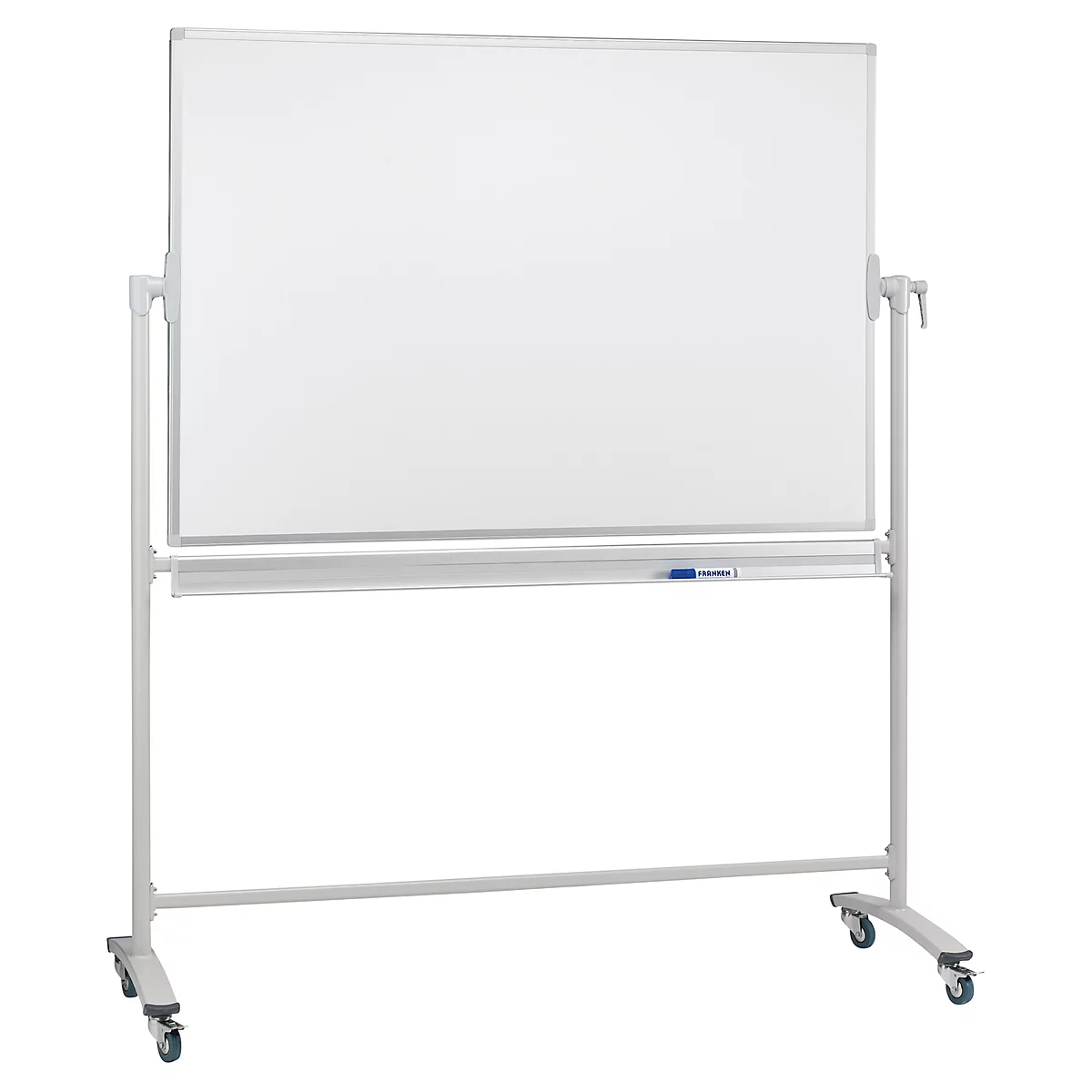 White, rolling whiteboard with pen holder. On wheels, for flexible use. Ideal for presentations and notes.