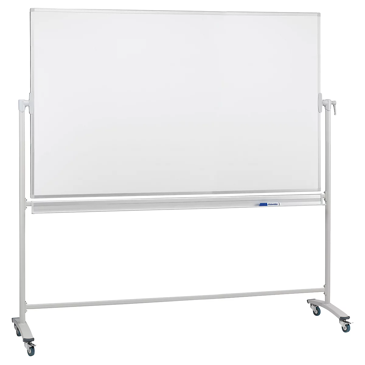 Mobile white board, white, on castors. A pen tray at the bottom, the whiteboard at the top. The frame and bracket are light grey.