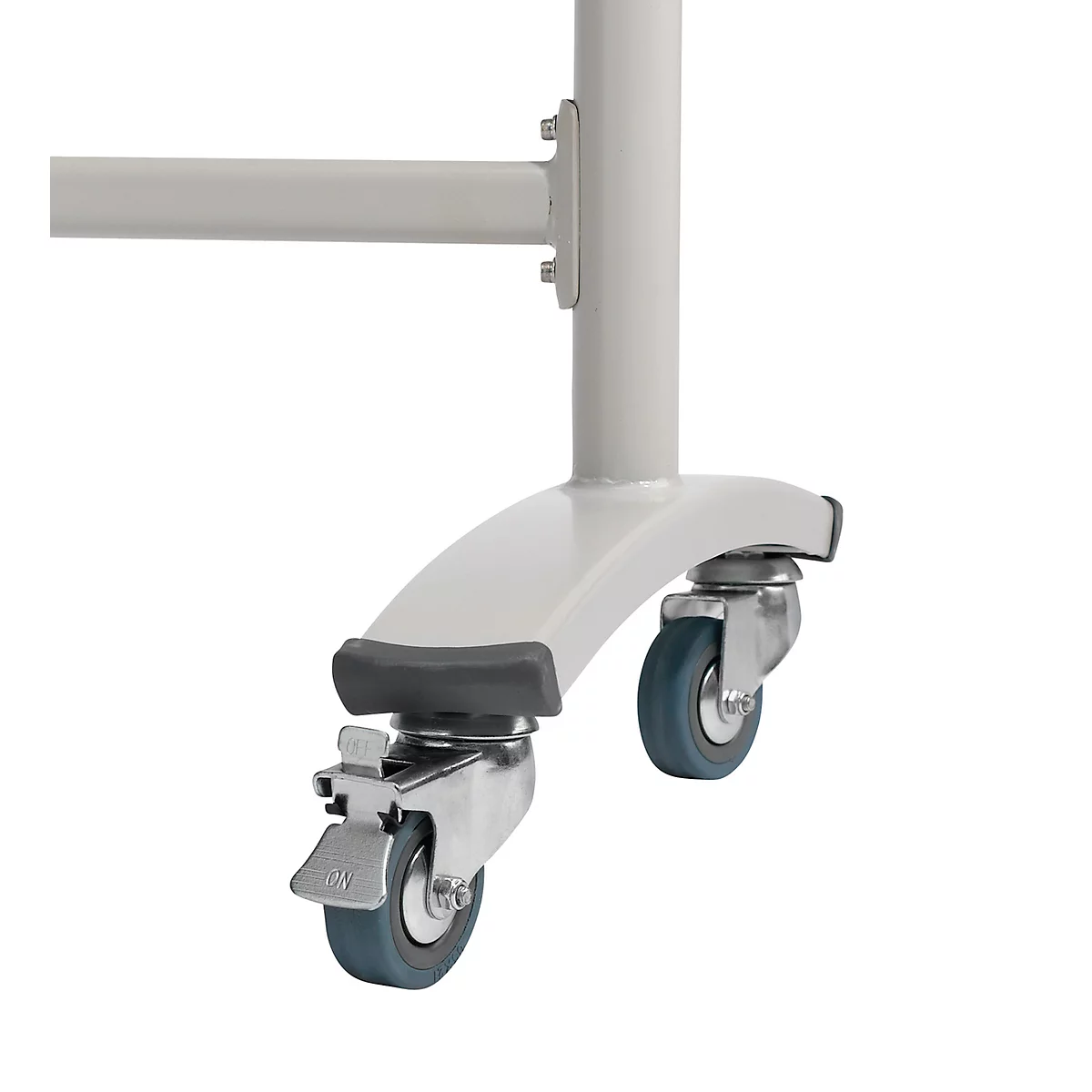 Close-up of the casters of a white, rolling frame. Gray casters with parking brakes.