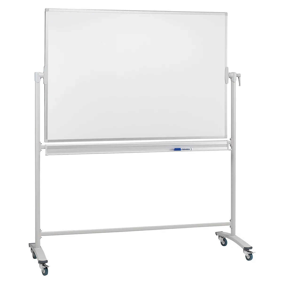 White, mobile whiteboard, on wheels. The board is framed in silver and has a pen tray.