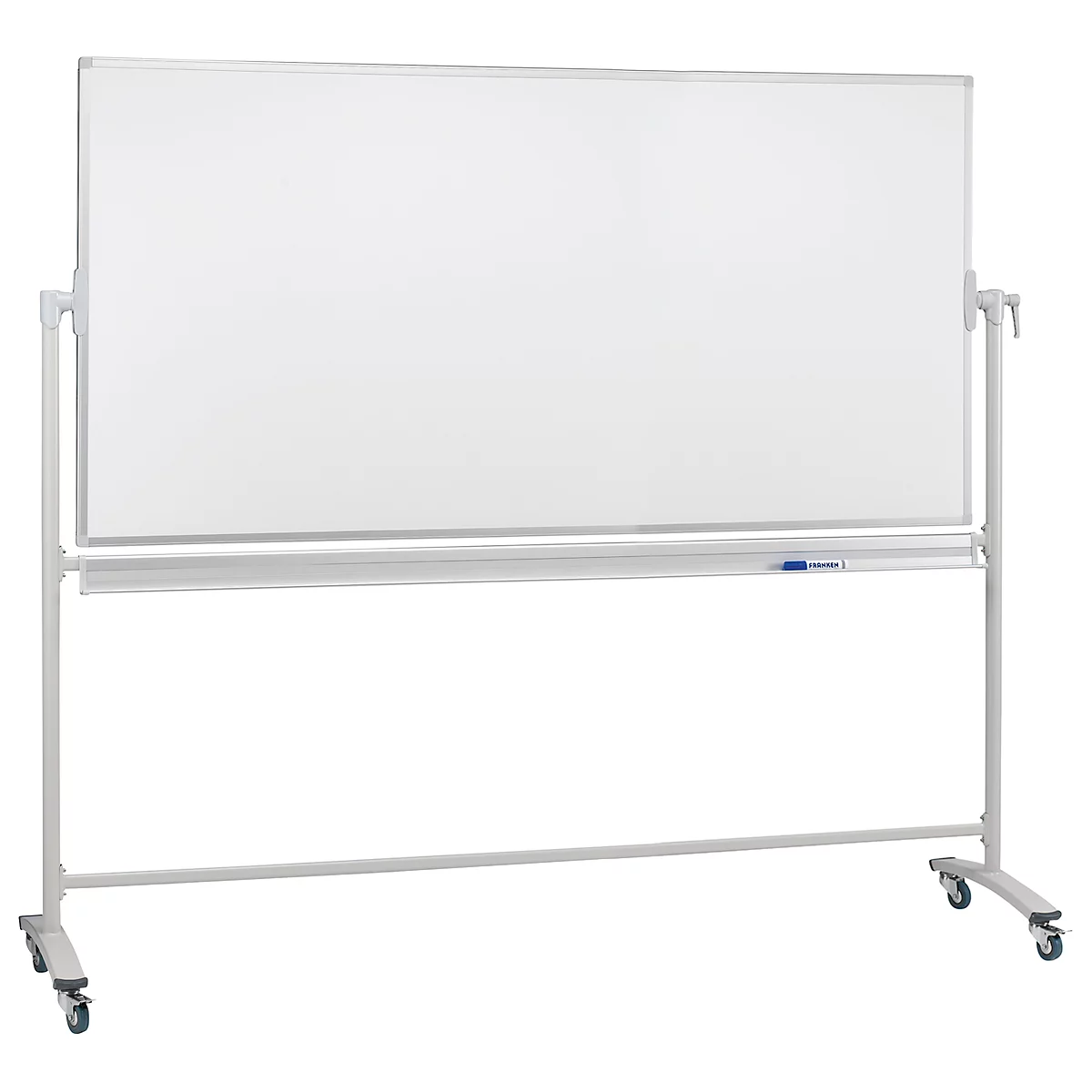White, double-sided whiteboard on wheels. It is surrounded by a silver frame and has a storage tray for pens.