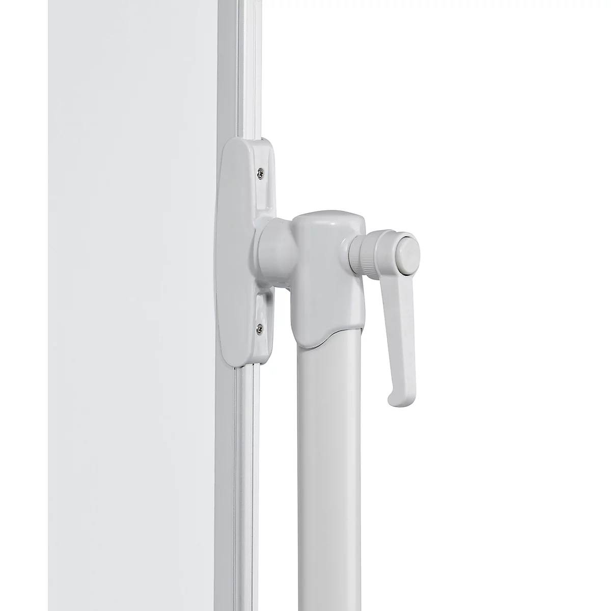 Close-up of a white window handle. A lever points downwards, a handle round and angular, attached to the window frame.