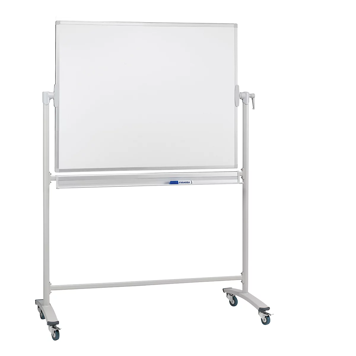 White, mobile whiteboard. On a frame with wheels, with a pen holder and a blue pen.