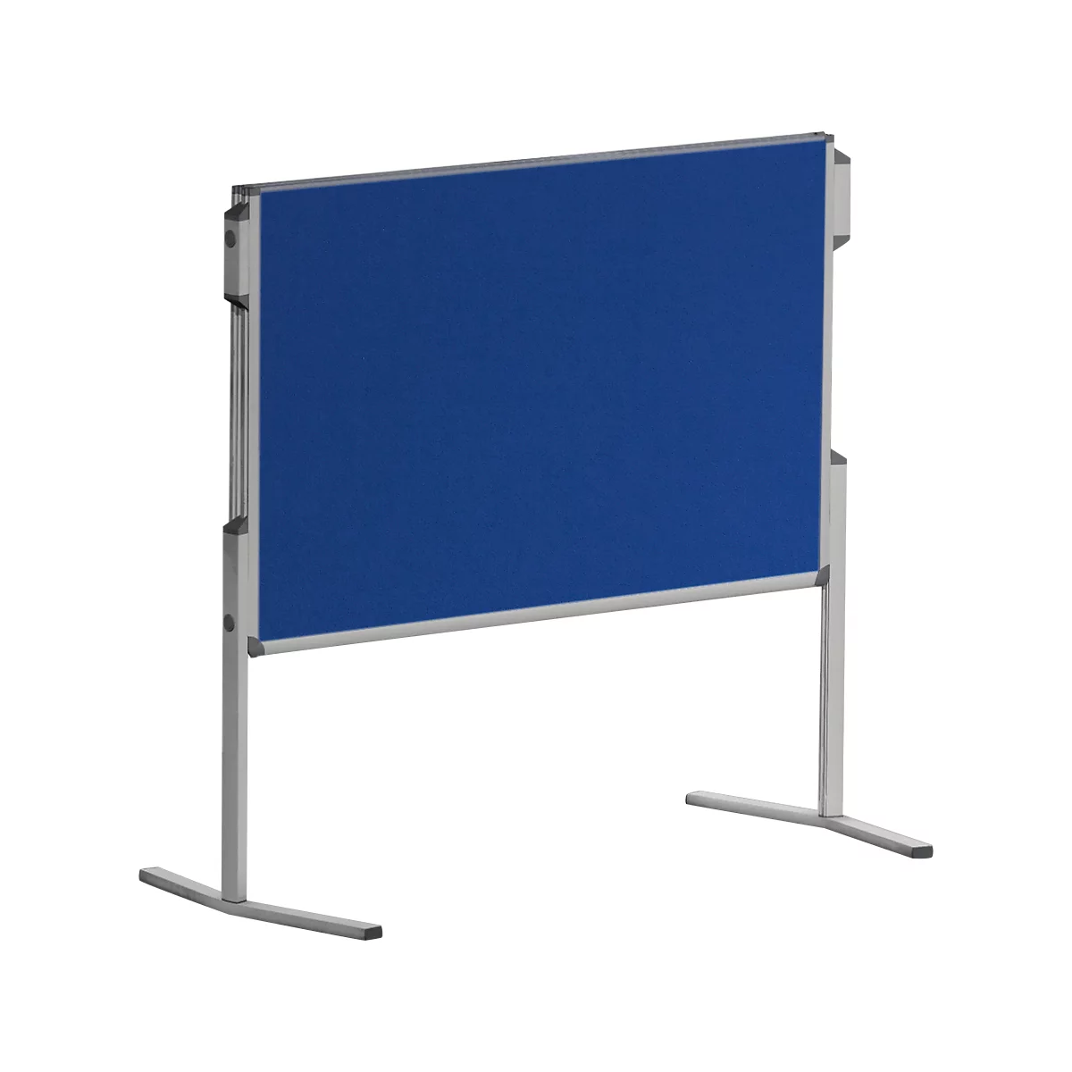 Blue notice board with silver frame. The free-standing frame stands on two feet.